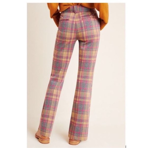 Anthropologie Essential Pink Check Plaid Flare Trousers US 2 - Picture 3 of 10